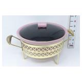 MCM Pink Ceramic Casserole Dish w/Filigree Stand