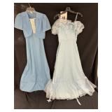 (2) Vintage Blue Dresses - Stain and Fraying at