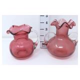 (2) Cranberry Glass Vases w/Clear Applied Handle