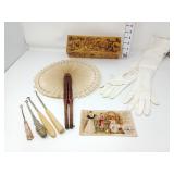 Pyrography Box w/ Ladies Fan, Gloves, &