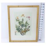 Asian Print w/Flowers & Butterfly in Bamboo Frame