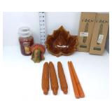 Yankee, Turkey & Indian Corn Candles w/Leaf Bowl