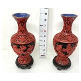 (2) Vtg Chinese Carved Cinnabar Style Floral Vases