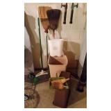 2 old corn brooms, broom waste baskets