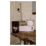 Bathroom shelf, dustpan, basket & pot