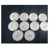 Group of 10 1964 silver Washington quarters