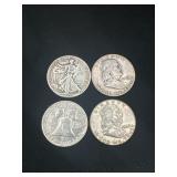 Group of 3 Ben Franklin silver half dollars and a