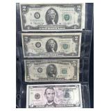 Group of 4 $2 bills and a pair of $5 bills, one