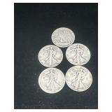Group of 5 Walking Liberty silver half dollars