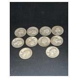 Group of 10 silver Washington quarters