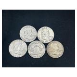 Group of 5 silver Ben Franklin half dollars