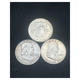 Group or 3 silver Ben Franklin half dollars