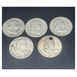 Group of 5 Ben Franklin silver half dollars. One