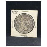 1869 France 5 Franks 90% silver