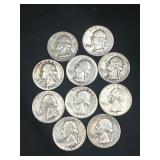 Group of 10 Washington silver quarters