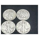 Group of 4 Walking Liberty silver half dollars