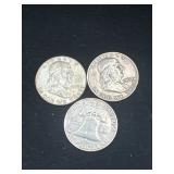 Group of 3 Ben Franklin silver half dollars