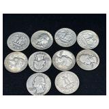 Group of 10 silver Washington quarters