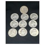 Group of 10 1964 D silver Washington quarters