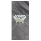 Small glass dish with opaque trim approx 3 inches