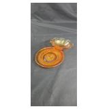 Peach carnival glass saucer and bowl