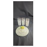 3 mid century modern glasses and a lemon pie