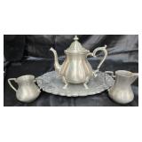 Pewter oval tray teapot plus creamer and Sugar