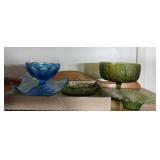 grouping of misc blue and green glassware