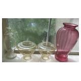 2 glass shades, vase, and candy holder