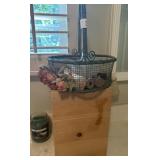 heart shaped metal basket and wooden block