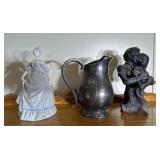 Silver plated pitcher, victorian porcelain figurin
