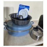 Blue roasting pan, kettle and misc.