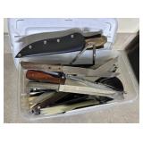 Shoebox tote of misc knives