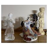 2 porcelain asian figurines and 2 candle holders