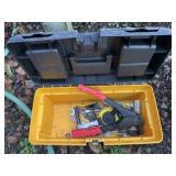 Toolbox and contents; box has a broken latch