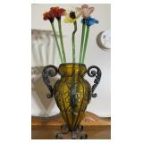 5 art glass flowers and amber colored vase