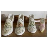 3 ceramic shoe figurines and 1 ring holder shoe