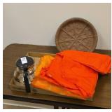 Pie pan, coffee pot and garmet bag