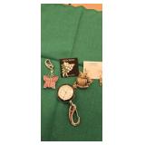 Owl pin and earrings, pocket watch, broach, and