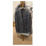 Calvin Klein gray jacket with purple handkerchief