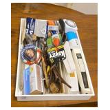 Glue, thumb tacks, tooth picks and contents of a