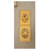Pair of wood carved golf prints approx 9 x 7