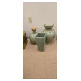 3 pieces of green crackle pottery 1 vase is