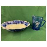 Blue Glass Pitcher and Bowl