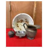 Enamel pan and pieces form silver serving set