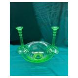 Green Glass Bowl and Candlesticks