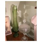 Green Glass Vase and Lidded Crystal Dish