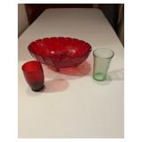 Red Glass Bowl and Tumblers