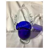 Cobalt blue hand blown art glass basket, 10"H