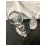 3 crystal rabbit paperweights, largest is 4"H